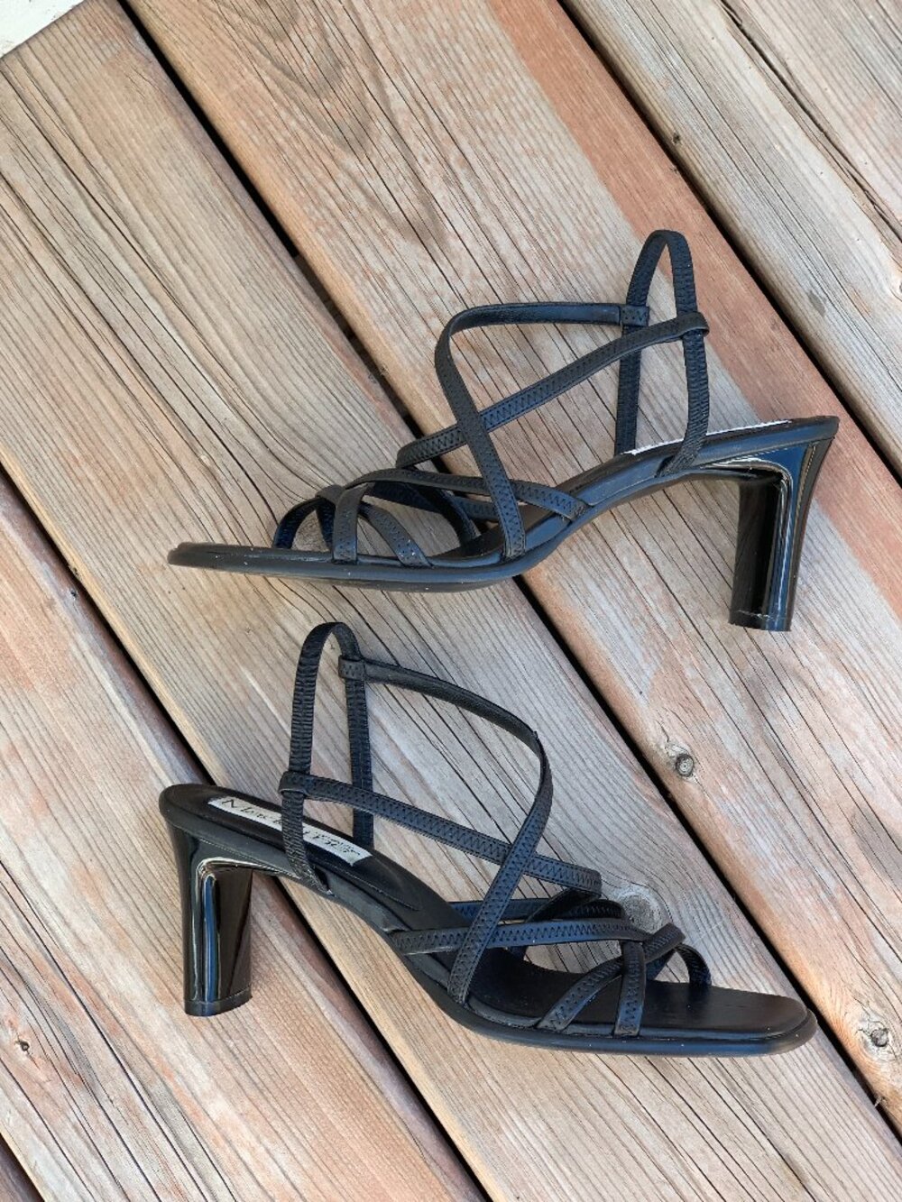 Vintage 90s Square Open Toe Strappy Sandals 7.5 Black Faux Leather Mid Heel Shoe
